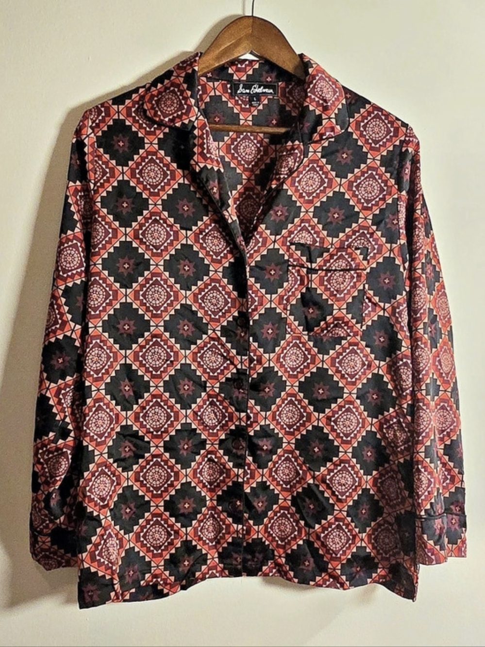 Sam Edelman Satin Geometric Print Pajama Top Shirt Button Down Orange Black L